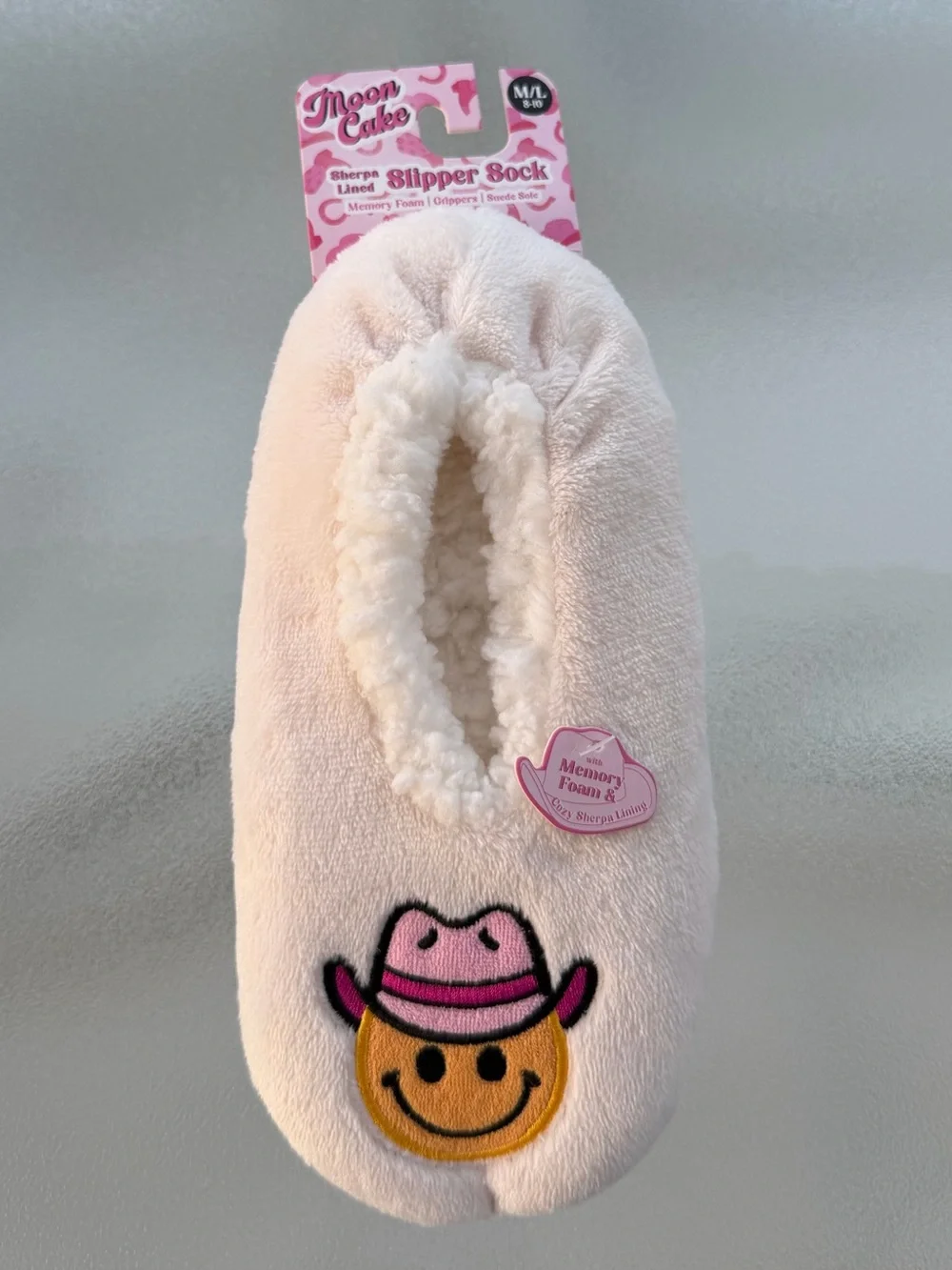 Moon Cake Smiley Face Western-Themed Fuzzy Slipper Socks ~ Women’s M/L (8-10)